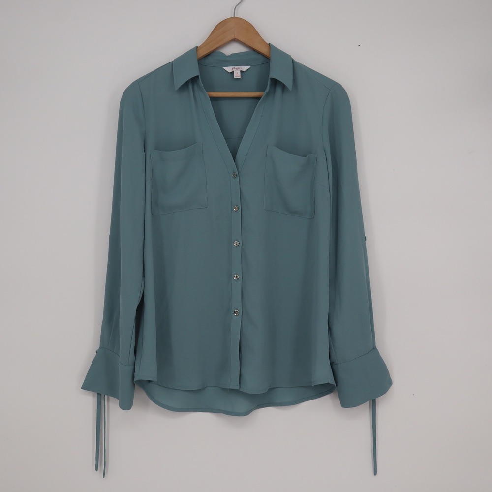Candie's Womens Dusty Teal Button Down Blouse Tie Bell Cuff Long Sleeve Medium
